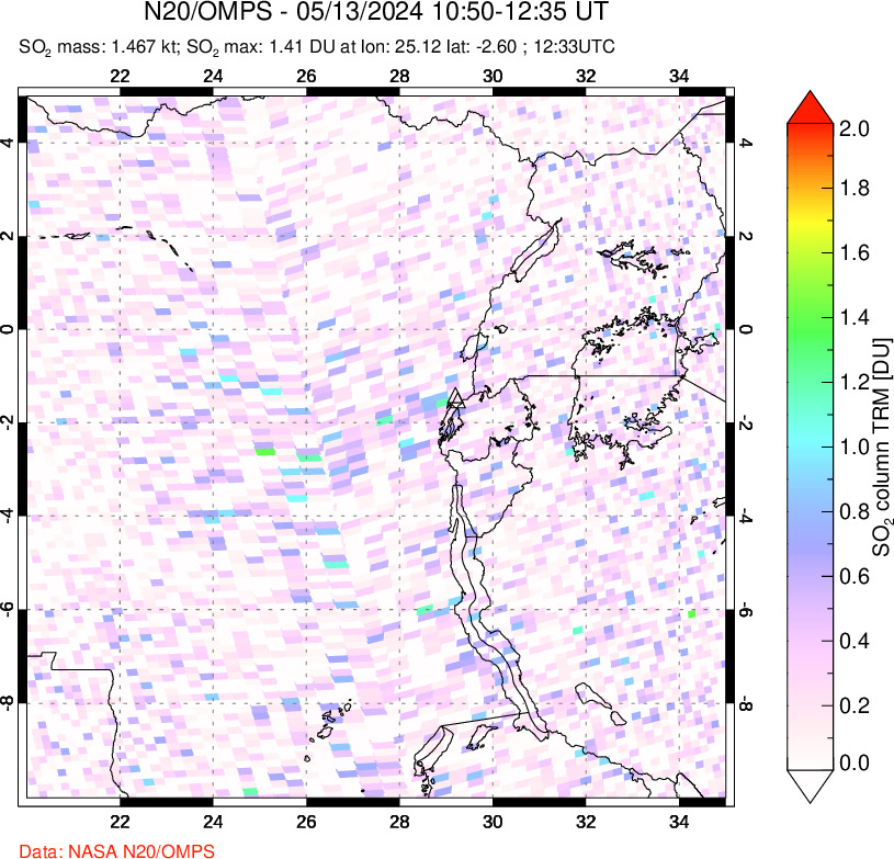 A sulfur dioxide image over Nyiragongo, DR Congo on May 13, 2024.