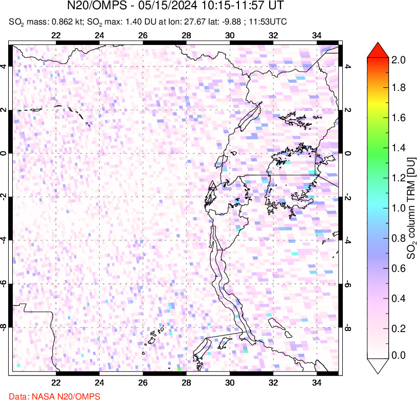 A sulfur dioxide image over Nyiragongo, DR Congo on May 15, 2024.