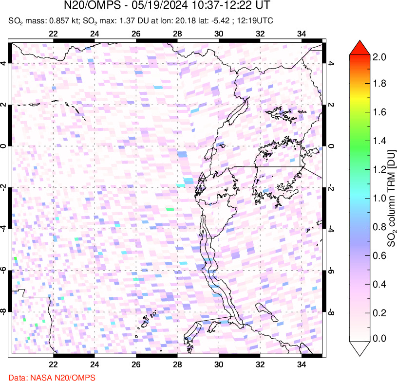 A sulfur dioxide image over Nyiragongo, DR Congo on May 19, 2024.