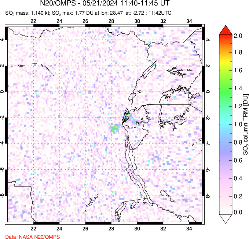 A sulfur dioxide image over Nyiragongo, DR Congo on May 21, 2024.