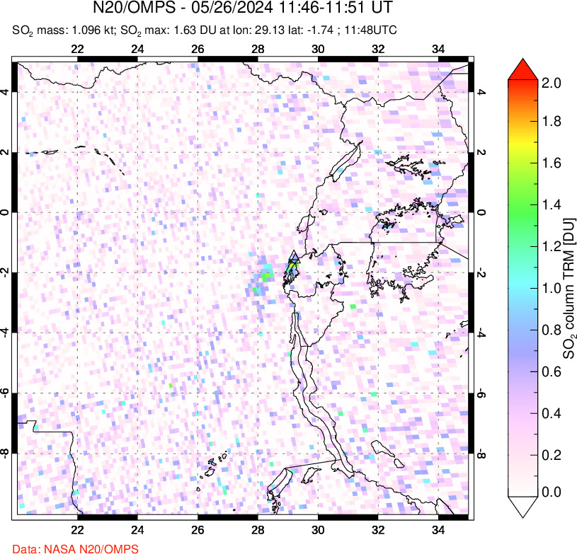 A sulfur dioxide image over Nyiragongo, DR Congo on May 26, 2024.