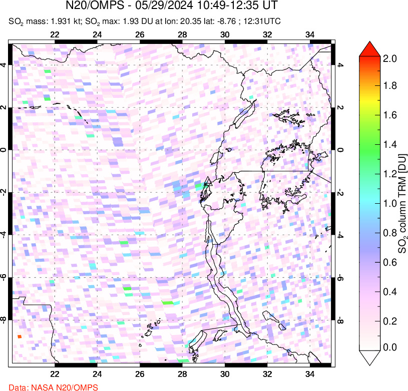 A sulfur dioxide image over Nyiragongo, DR Congo on May 29, 2024.