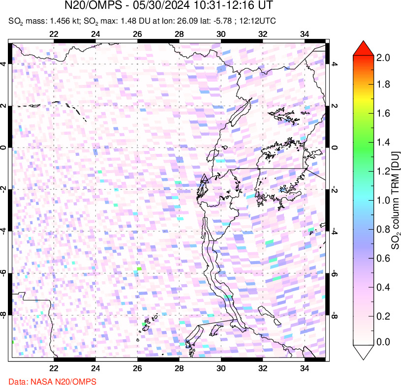 A sulfur dioxide image over Nyiragongo, DR Congo on May 30, 2024.