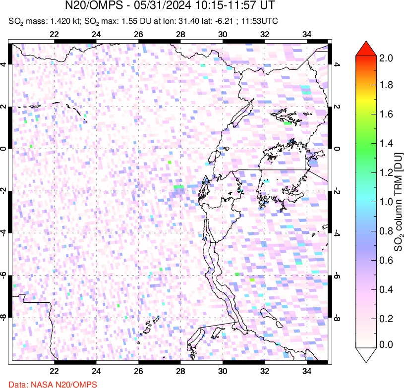 A sulfur dioxide image over Nyiragongo, DR Congo on May 31, 2024.