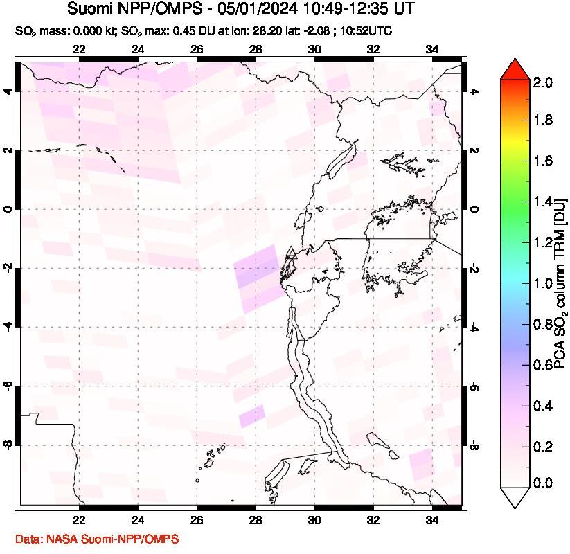 A sulfur dioxide image over Nyiragongo, DR Congo on May 01, 2024.