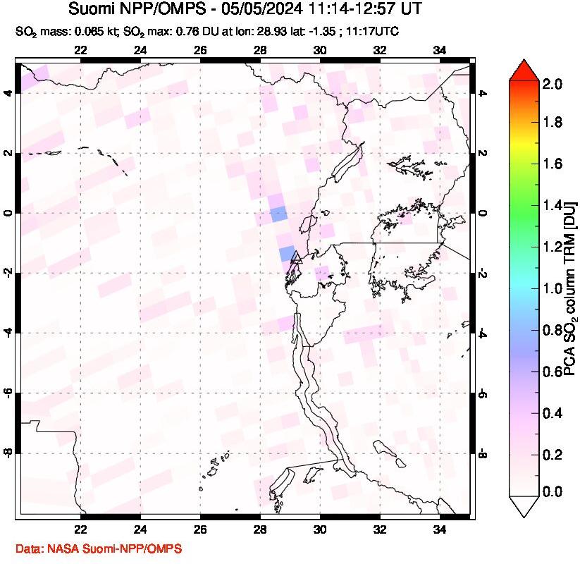 A sulfur dioxide image over Nyiragongo, DR Congo on May 05, 2024.