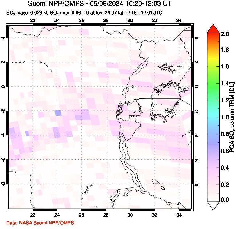 A sulfur dioxide image over Nyiragongo, DR Congo on May 08, 2024.