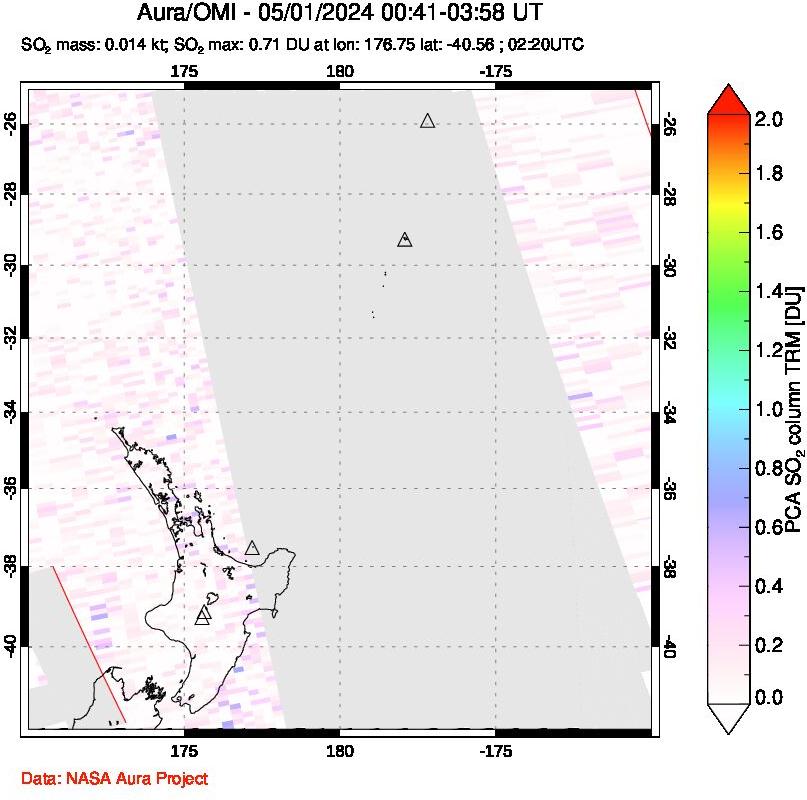 A sulfur dioxide image over New Zealand on May 01, 2024.