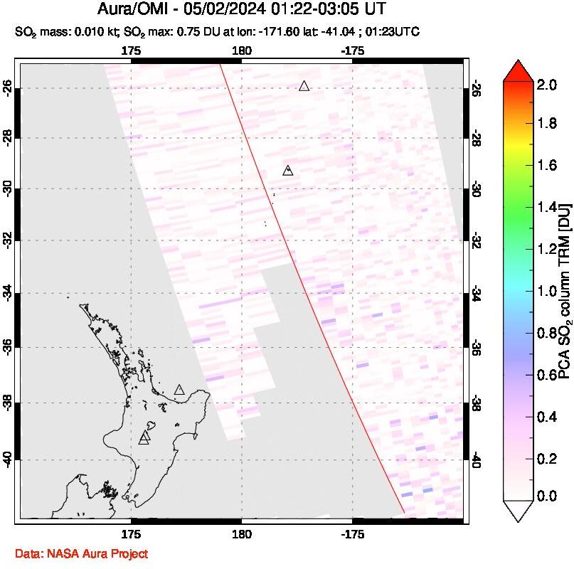 A sulfur dioxide image over New Zealand on May 02, 2024.