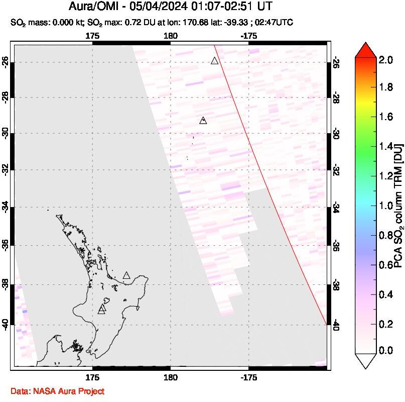 A sulfur dioxide image over New Zealand on May 04, 2024.