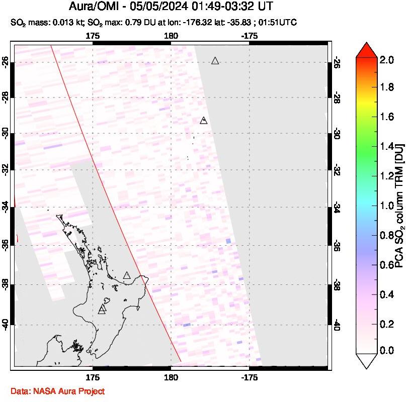 A sulfur dioxide image over New Zealand on May 05, 2024.