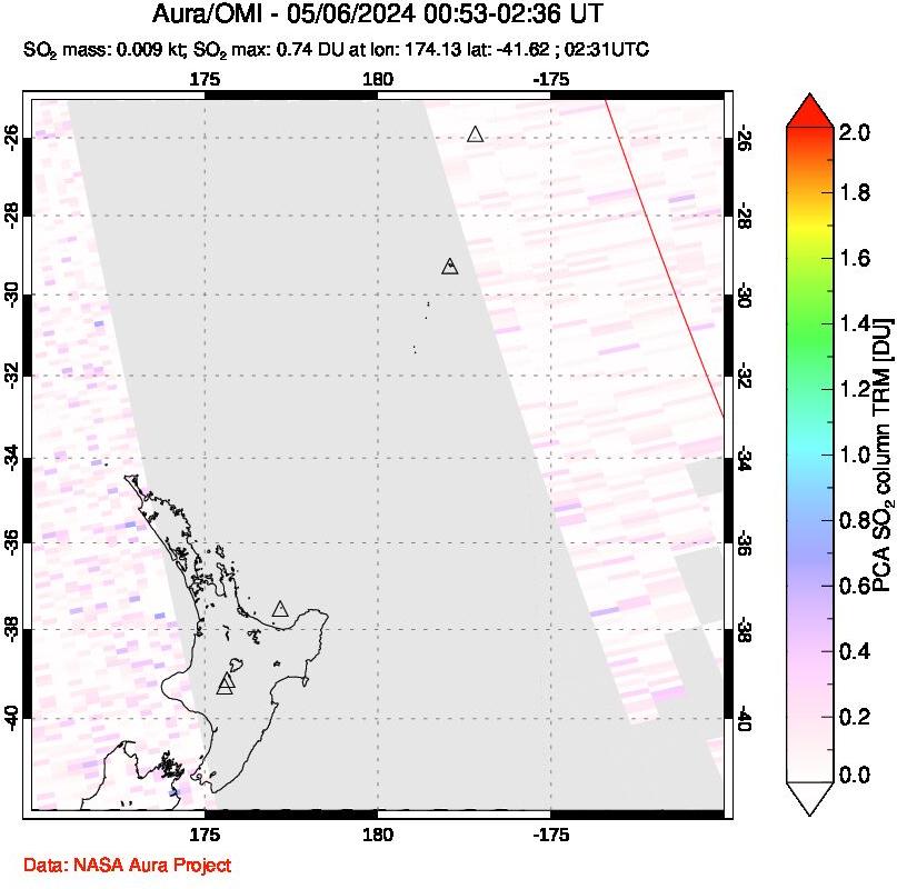 A sulfur dioxide image over New Zealand on May 06, 2024.
