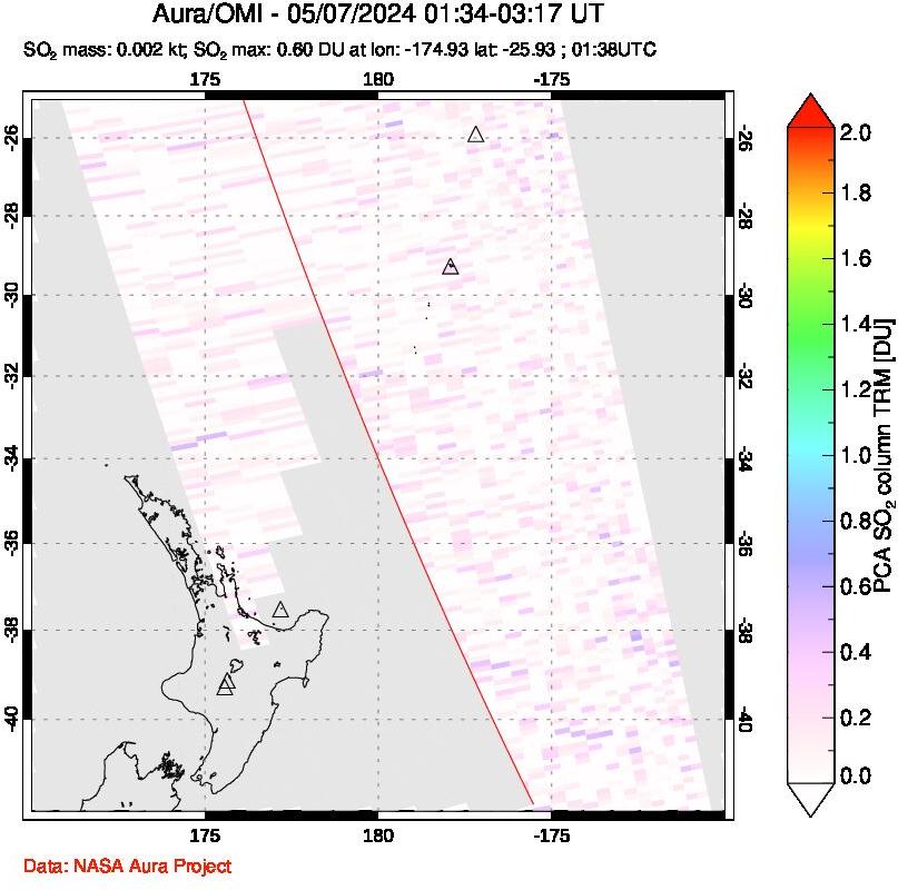 A sulfur dioxide image over New Zealand on May 07, 2024.