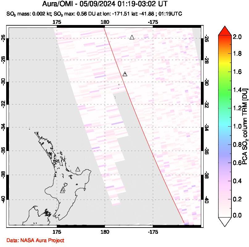 A sulfur dioxide image over New Zealand on May 09, 2024.