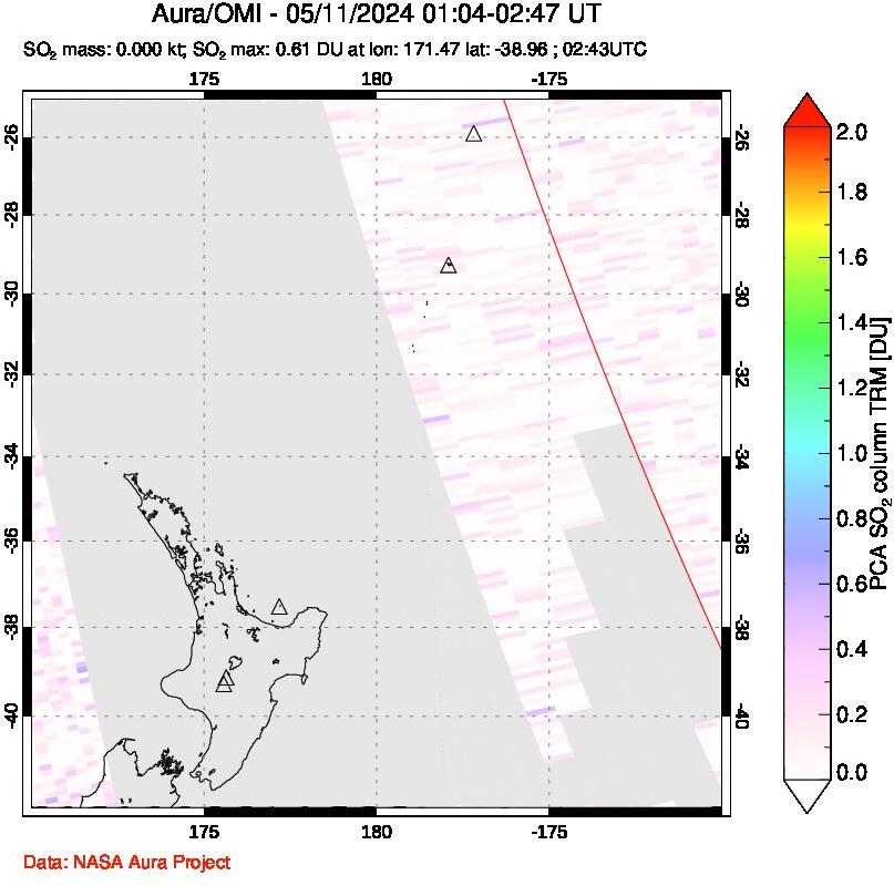 A sulfur dioxide image over New Zealand on May 11, 2024.