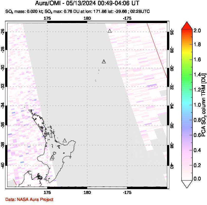 A sulfur dioxide image over New Zealand on May 13, 2024.
