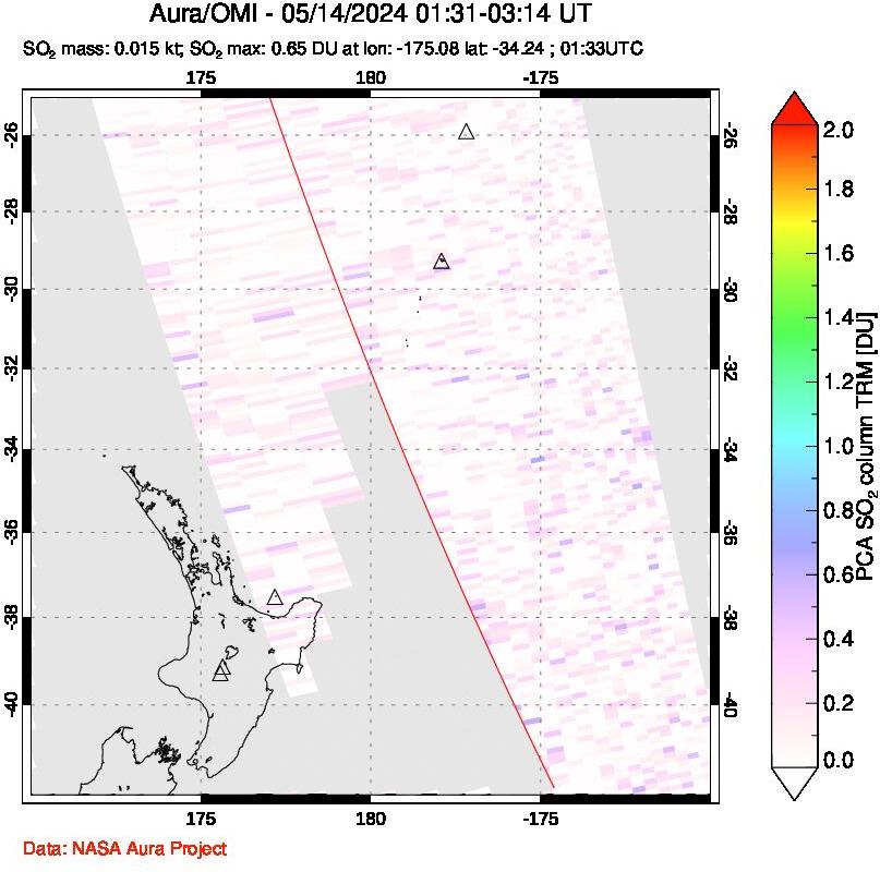 A sulfur dioxide image over New Zealand on May 14, 2024.