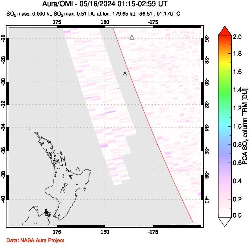 A sulfur dioxide image over New Zealand on May 16, 2024.