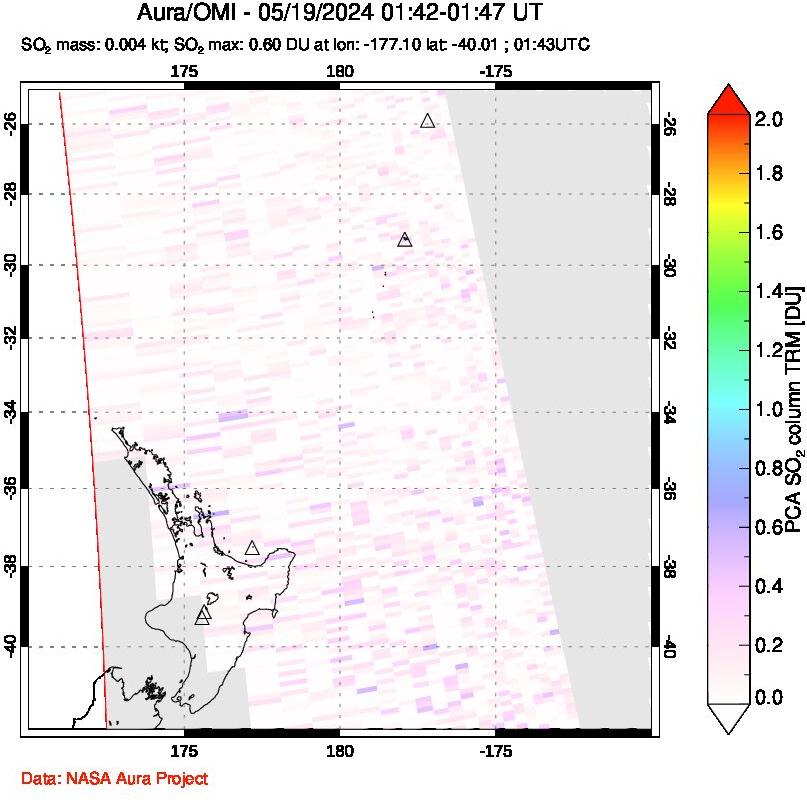 A sulfur dioxide image over New Zealand on May 19, 2024.