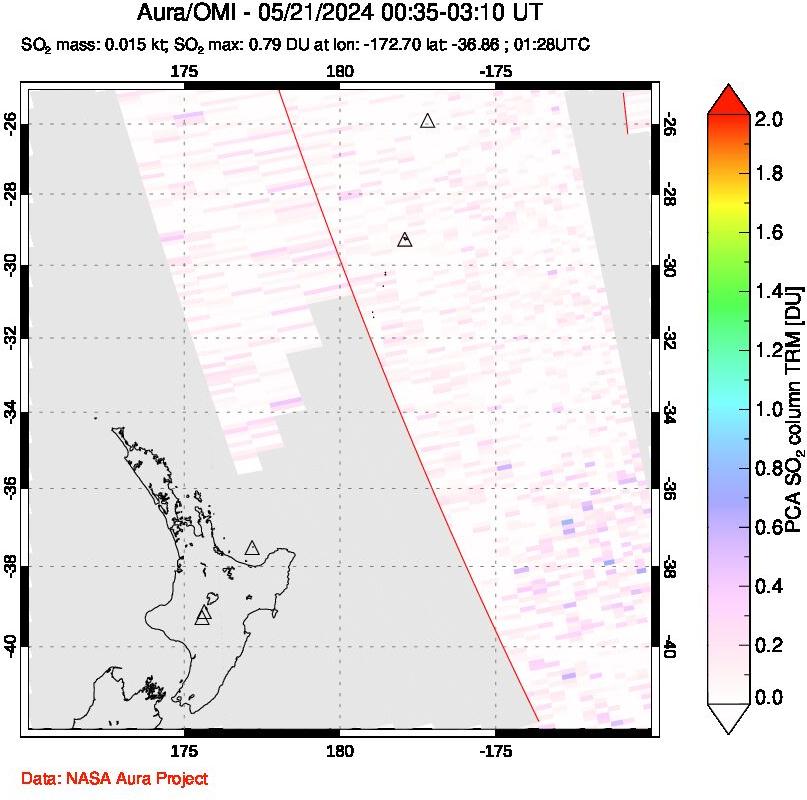 A sulfur dioxide image over New Zealand on May 21, 2024.
