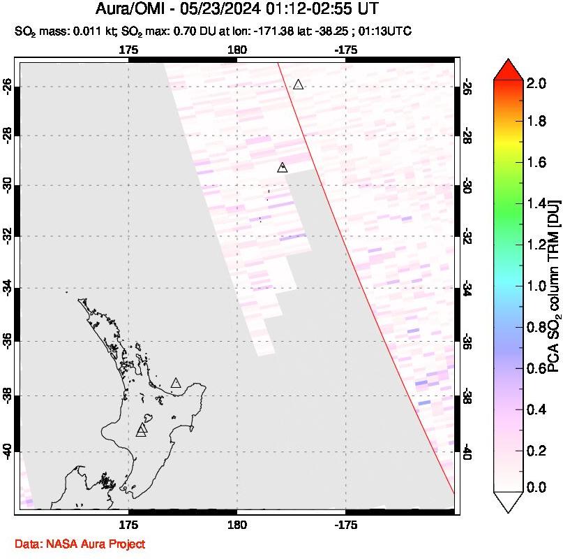 A sulfur dioxide image over New Zealand on May 23, 2024.