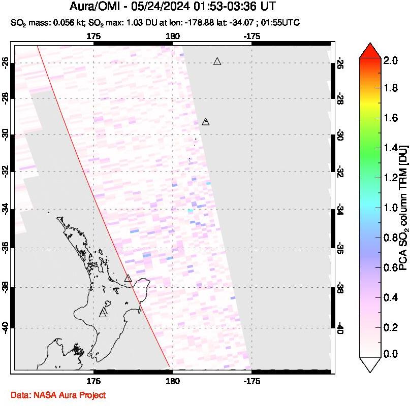 A sulfur dioxide image over New Zealand on May 24, 2024.