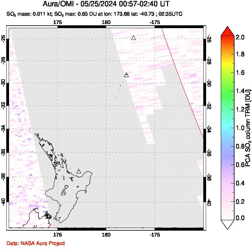 A sulfur dioxide image over New Zealand on May 25, 2024.