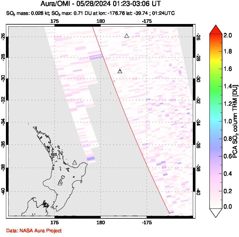 A sulfur dioxide image over New Zealand on May 28, 2024.