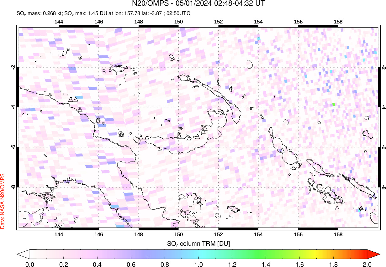 A sulfur dioxide image over Papua, New Guinea on May 01, 2024.