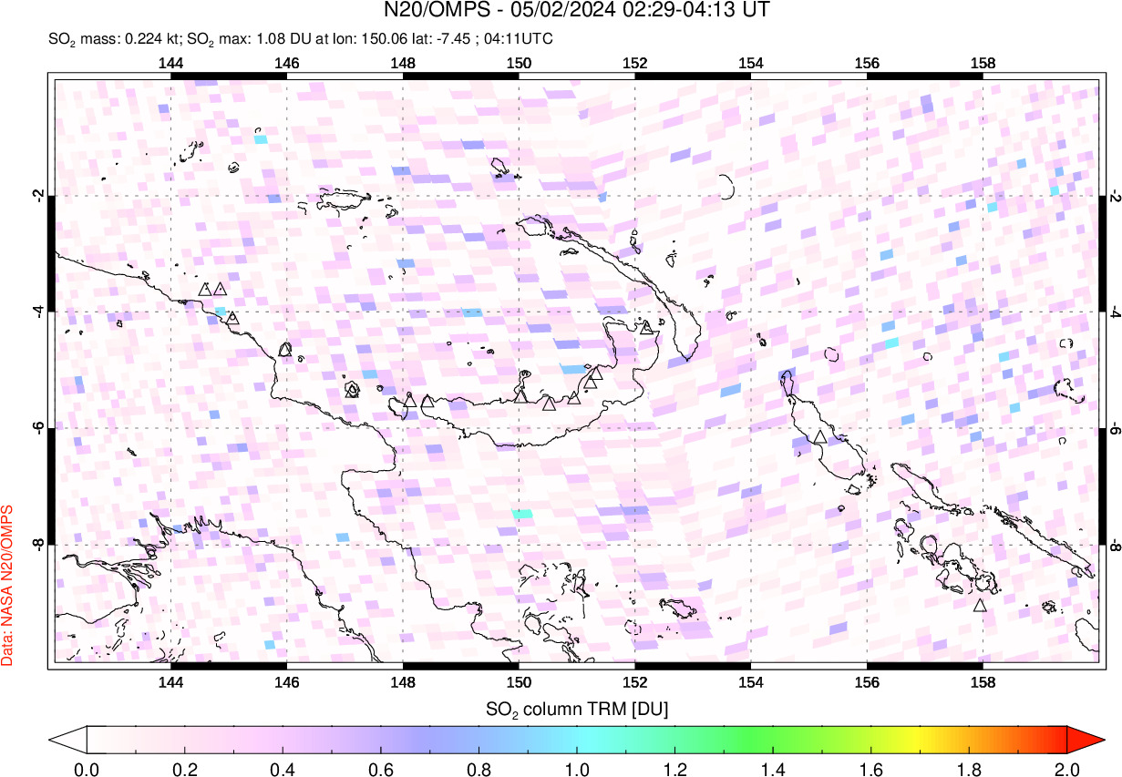 A sulfur dioxide image over Papua, New Guinea on May 02, 2024.