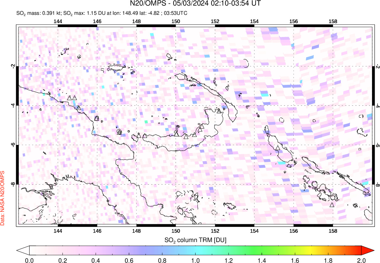 A sulfur dioxide image over Papua, New Guinea on May 03, 2024.