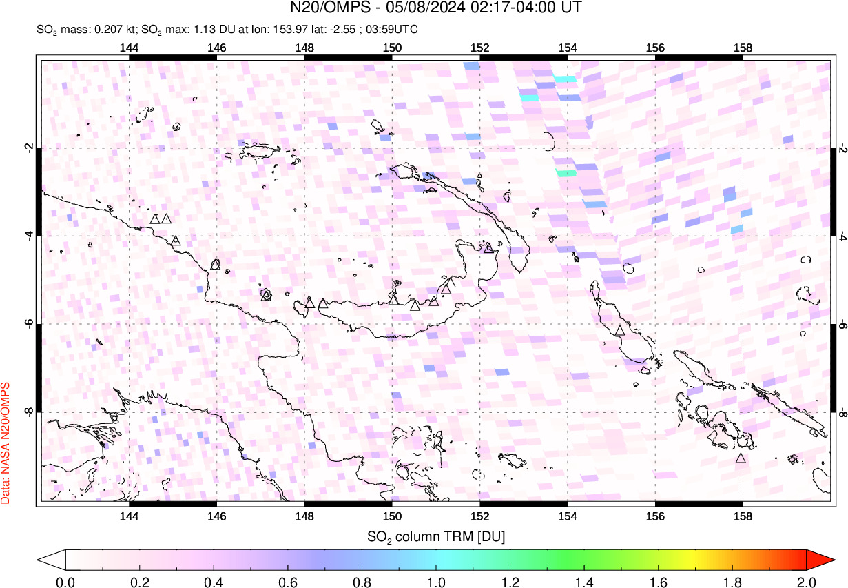 A sulfur dioxide image over Papua, New Guinea on May 08, 2024.