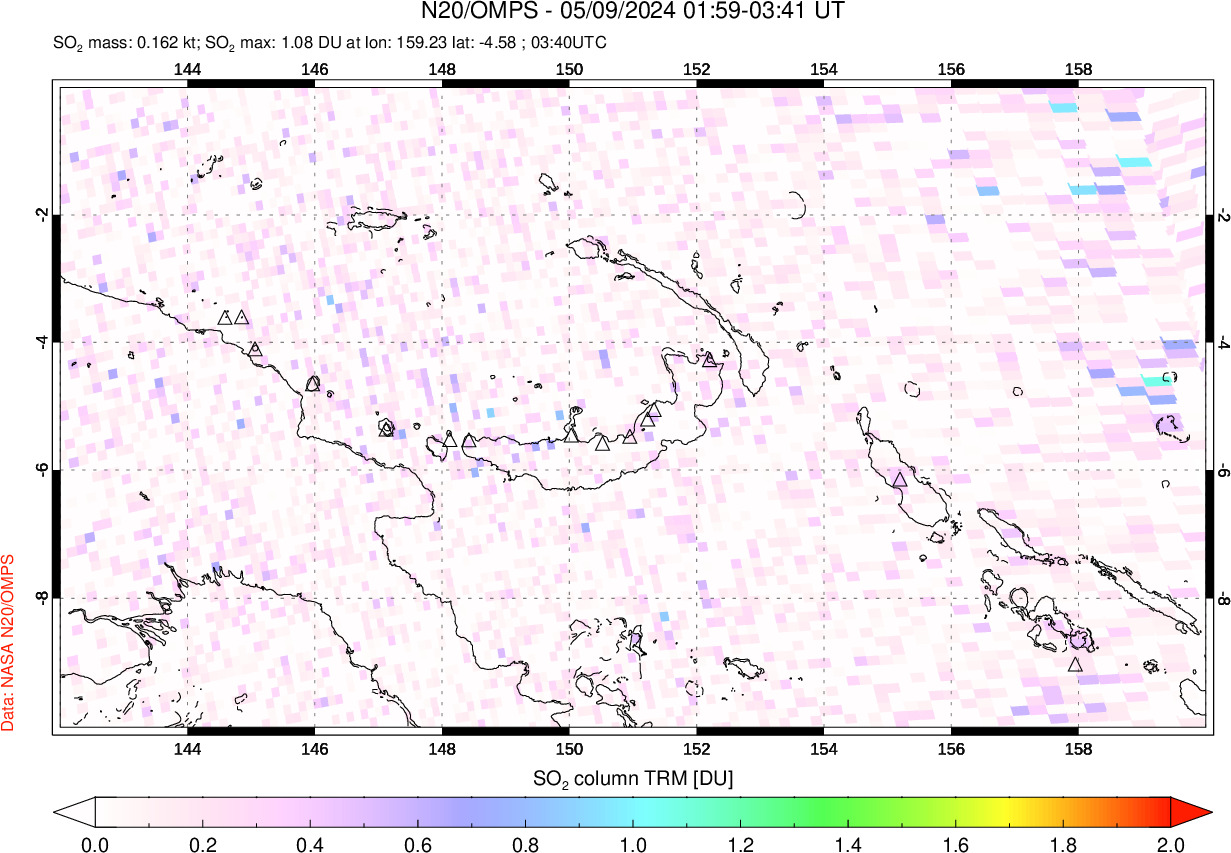 A sulfur dioxide image over Papua, New Guinea on May 09, 2024.