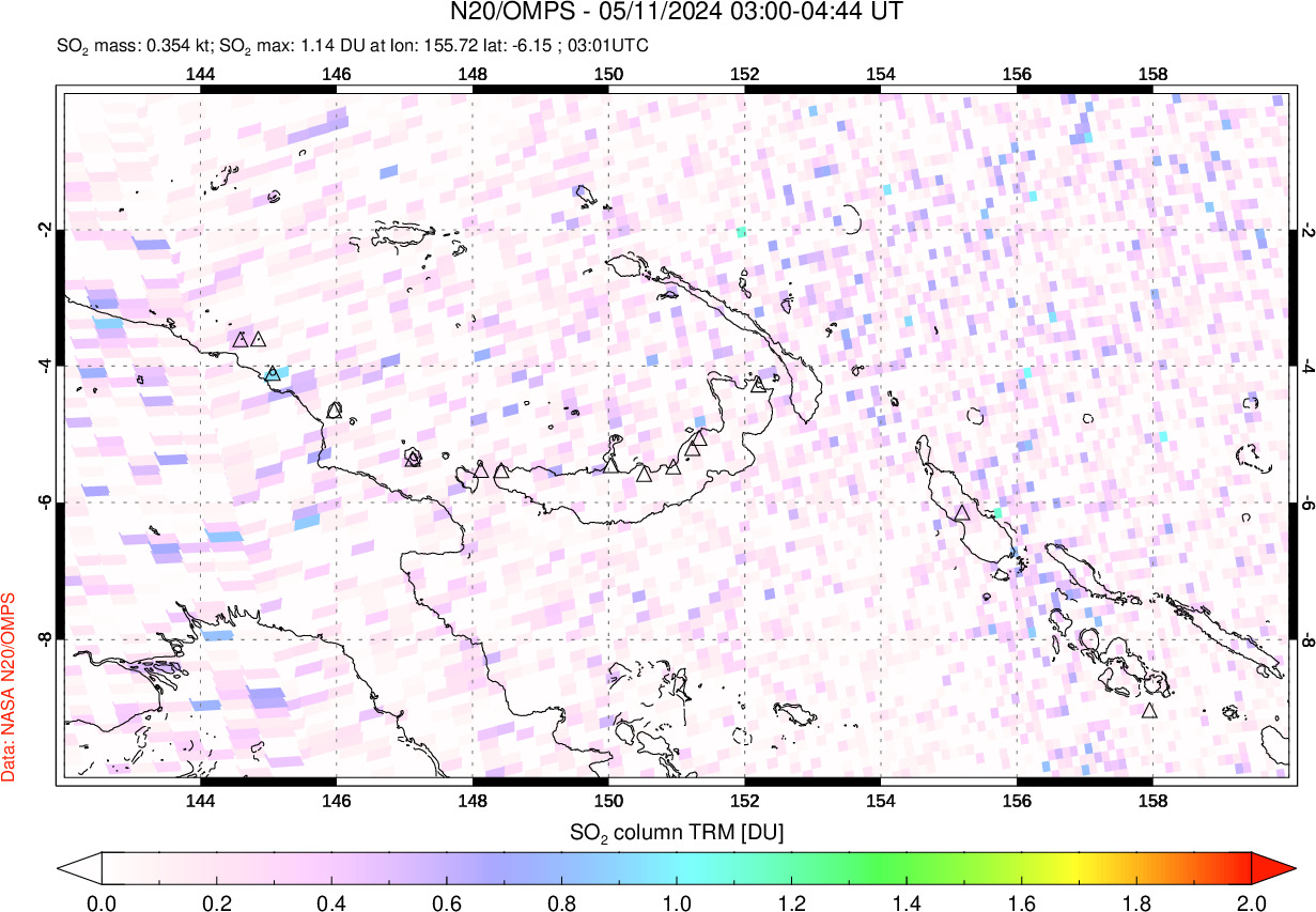 A sulfur dioxide image over Papua, New Guinea on May 11, 2024.