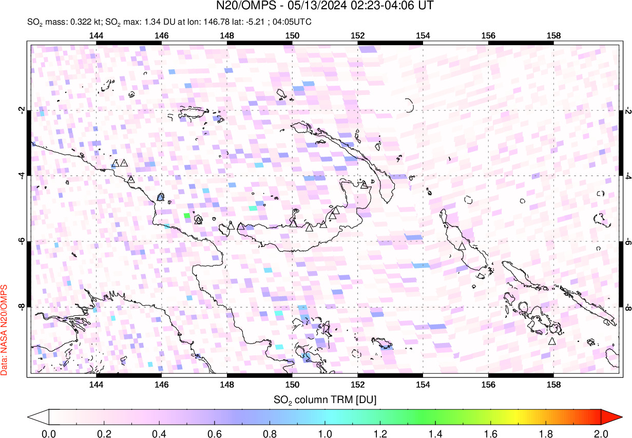 A sulfur dioxide image over Papua, New Guinea on May 13, 2024.