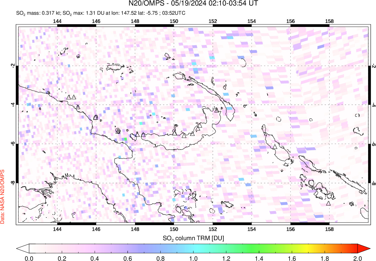 A sulfur dioxide image over Papua, New Guinea on May 19, 2024.