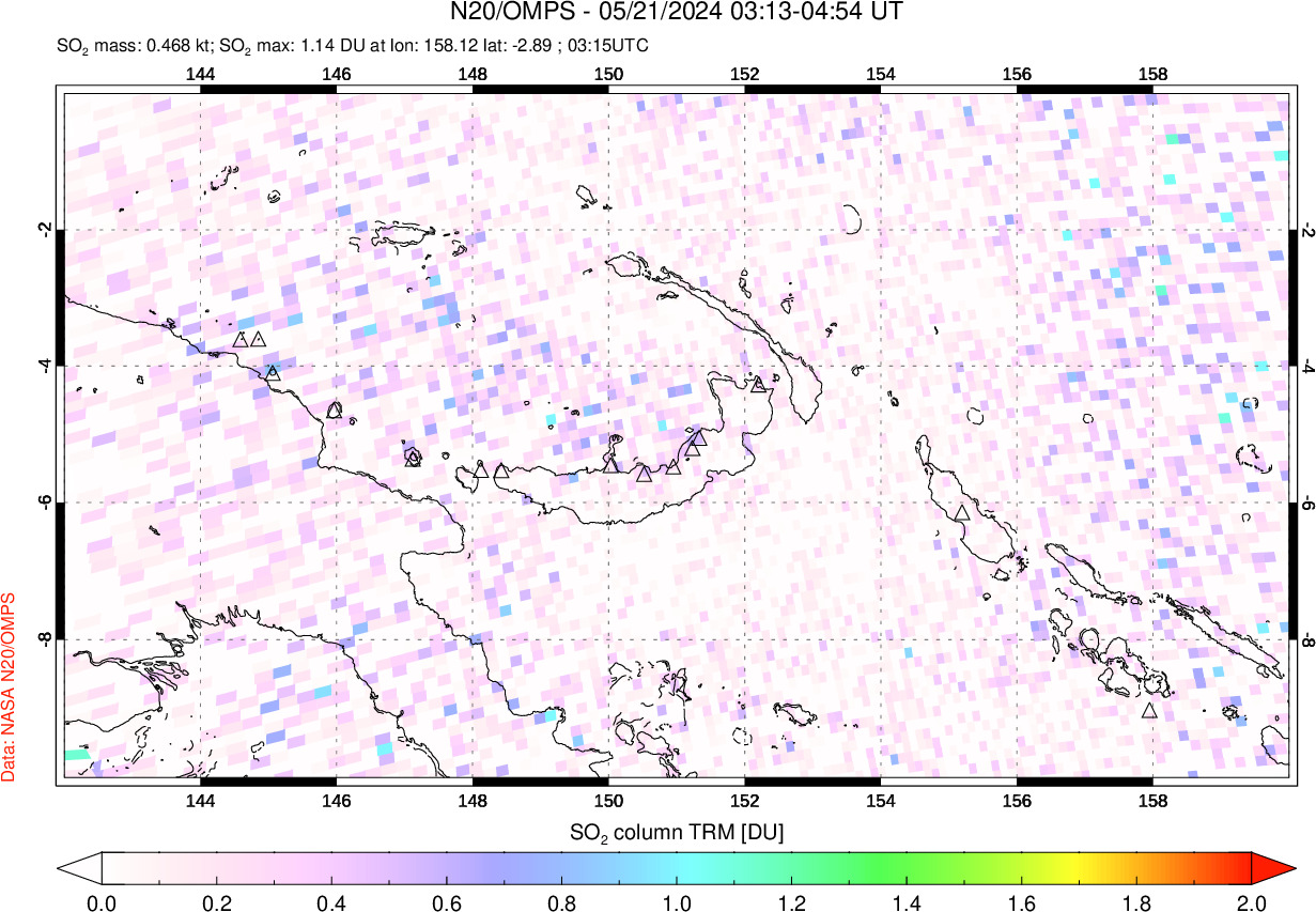 A sulfur dioxide image over Papua, New Guinea on May 21, 2024.