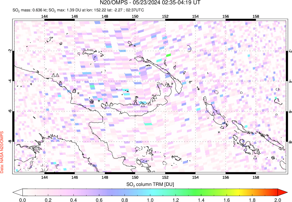 A sulfur dioxide image over Papua, New Guinea on May 23, 2024.