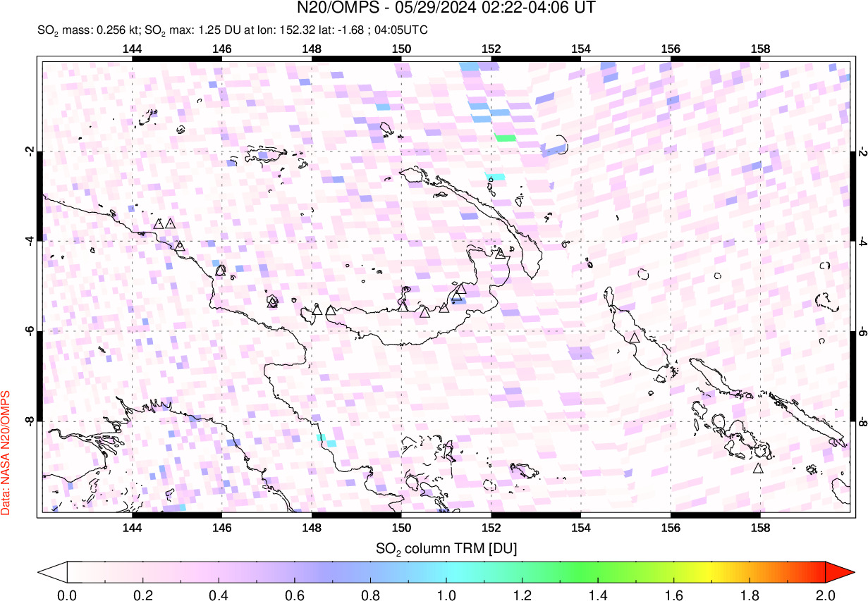 A sulfur dioxide image over Papua, New Guinea on May 29, 2024.