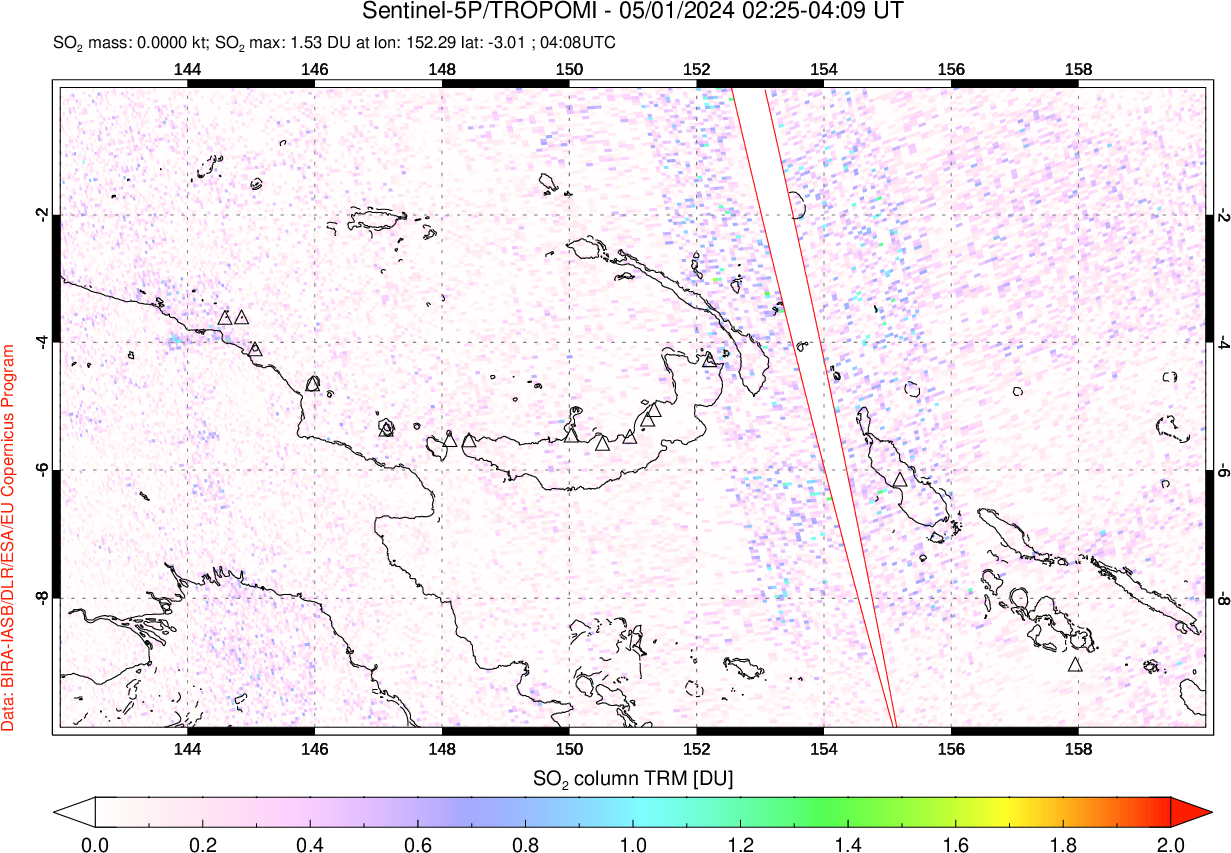 A sulfur dioxide image over Papua, New Guinea on May 01, 2024.