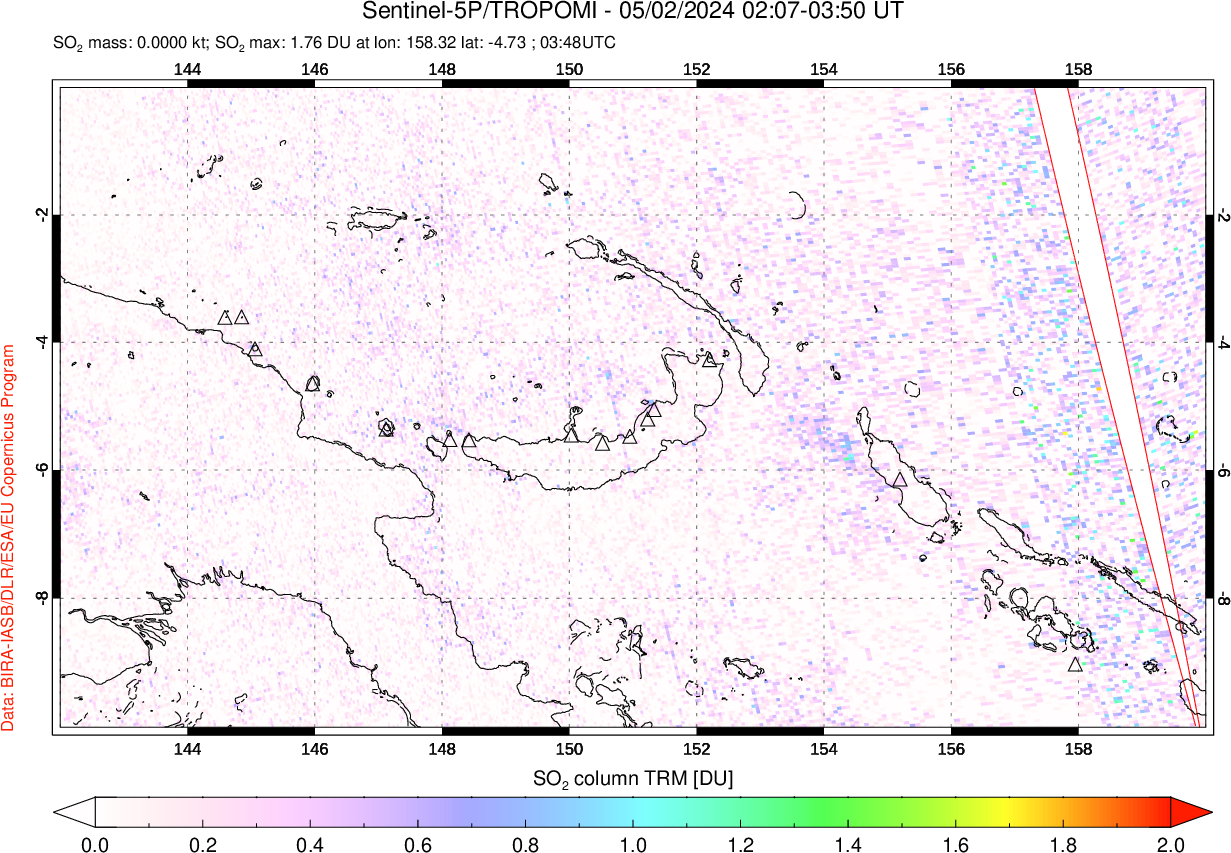 A sulfur dioxide image over Papua, New Guinea on May 02, 2024.