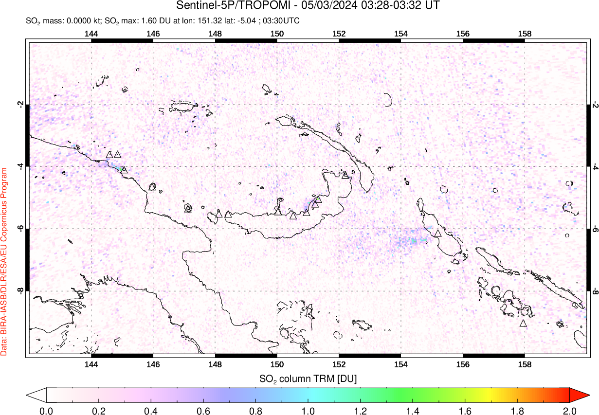 A sulfur dioxide image over Papua, New Guinea on May 03, 2024.