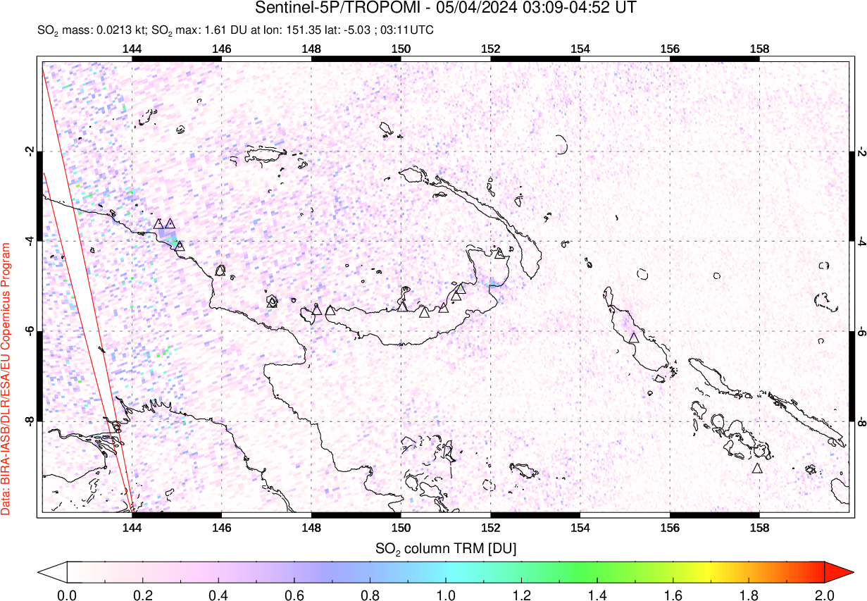 A sulfur dioxide image over Papua, New Guinea on May 04, 2024.