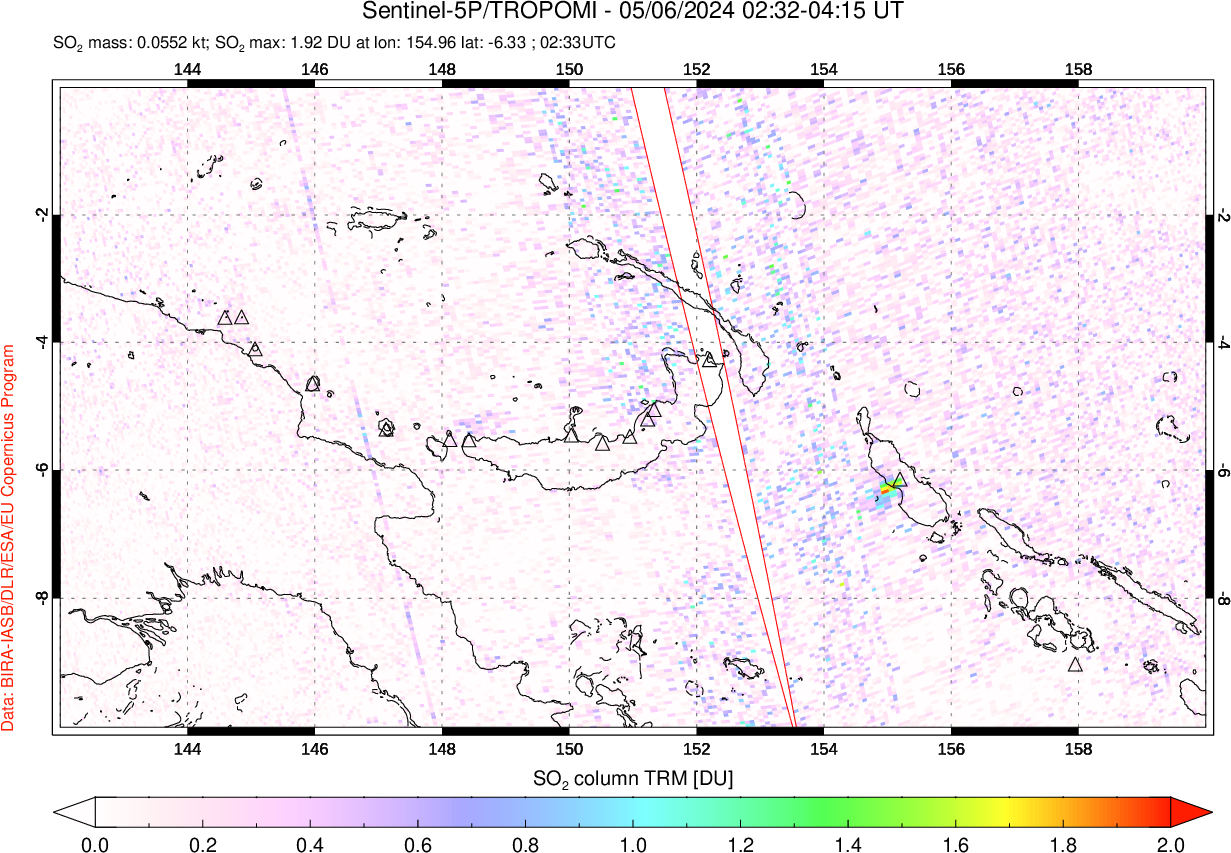 A sulfur dioxide image over Papua, New Guinea on May 06, 2024.