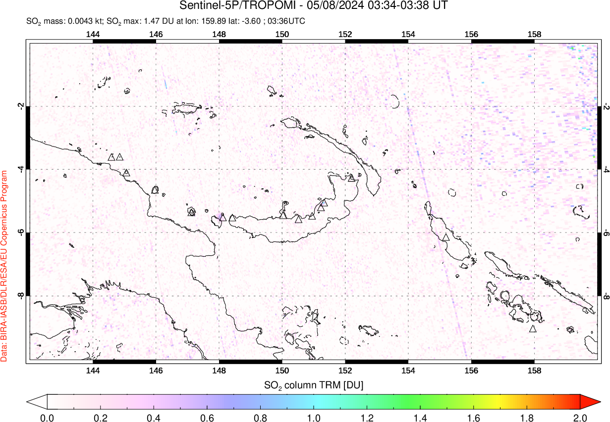 A sulfur dioxide image over Papua, New Guinea on May 08, 2024.