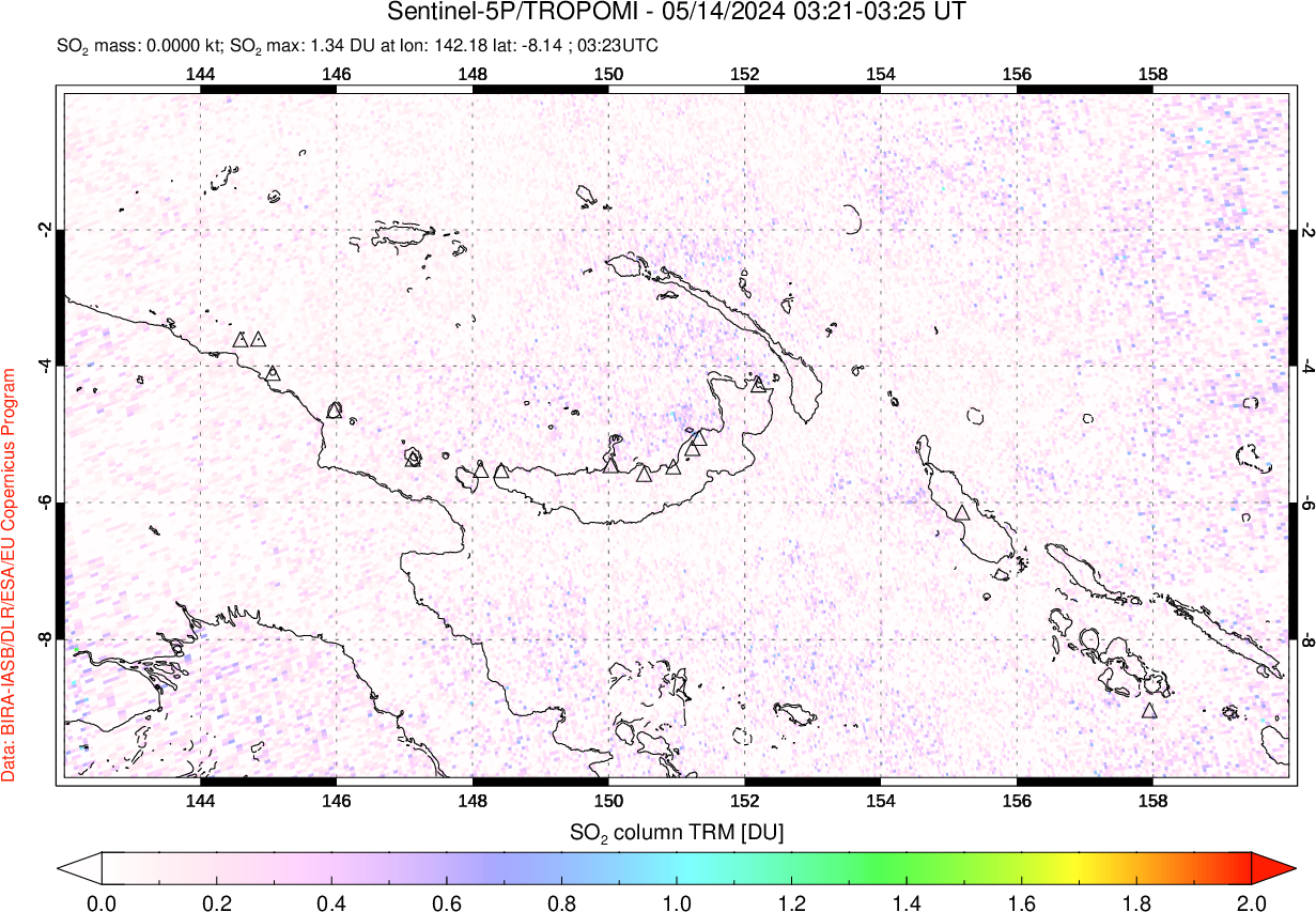 A sulfur dioxide image over Papua, New Guinea on May 14, 2024.