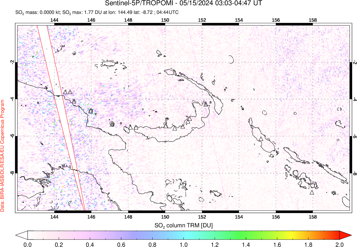 A sulfur dioxide image over Papua, New Guinea on May 15, 2024.