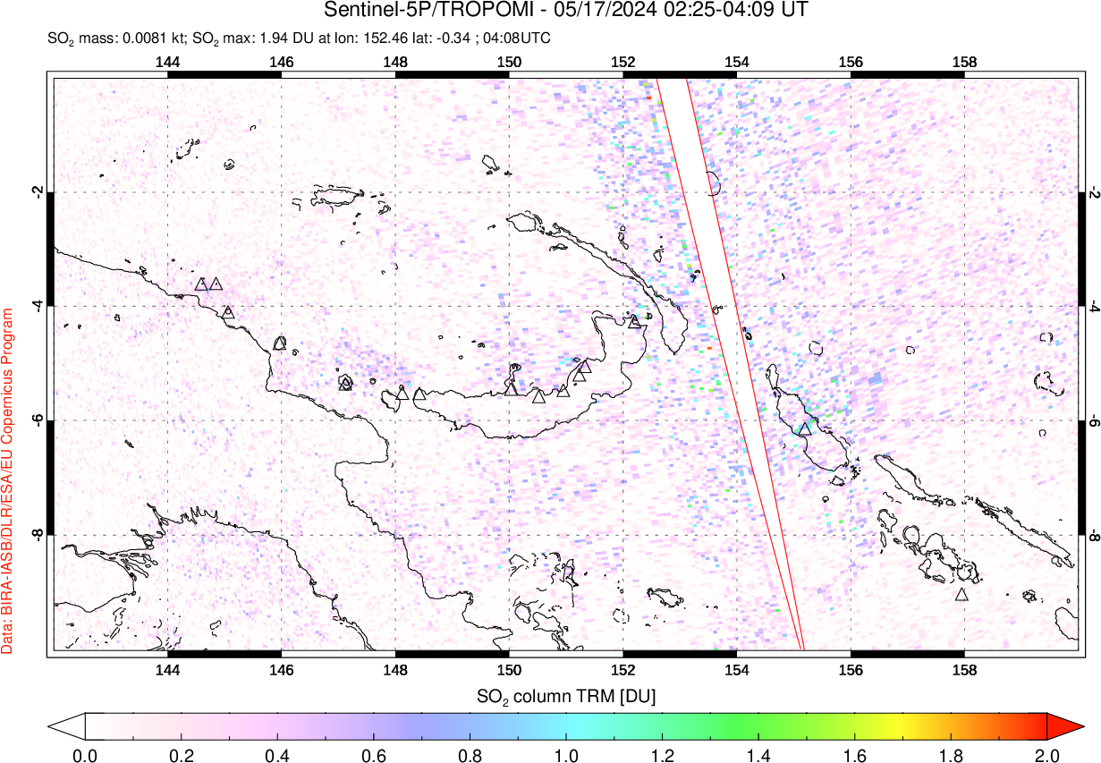 A sulfur dioxide image over Papua, New Guinea on May 17, 2024.