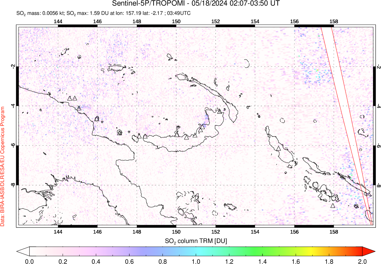 A sulfur dioxide image over Papua, New Guinea on May 18, 2024.