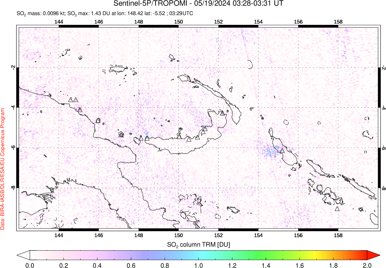 A sulfur dioxide image over Papua, New Guinea on May 19, 2024.